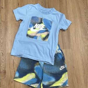 Nike Light Blue and Yellow Graphic Tee and Shorts